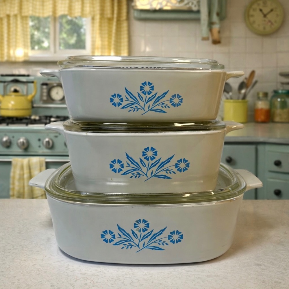 Vintage Corning Ware Cornflower Blue 3-Piece Casserole Set w/ Glass Lids